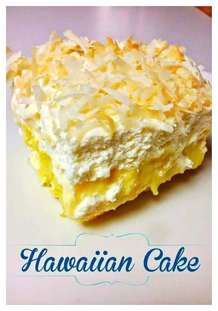 a close up of a piece of cake on a plate with the words hawaiian cake