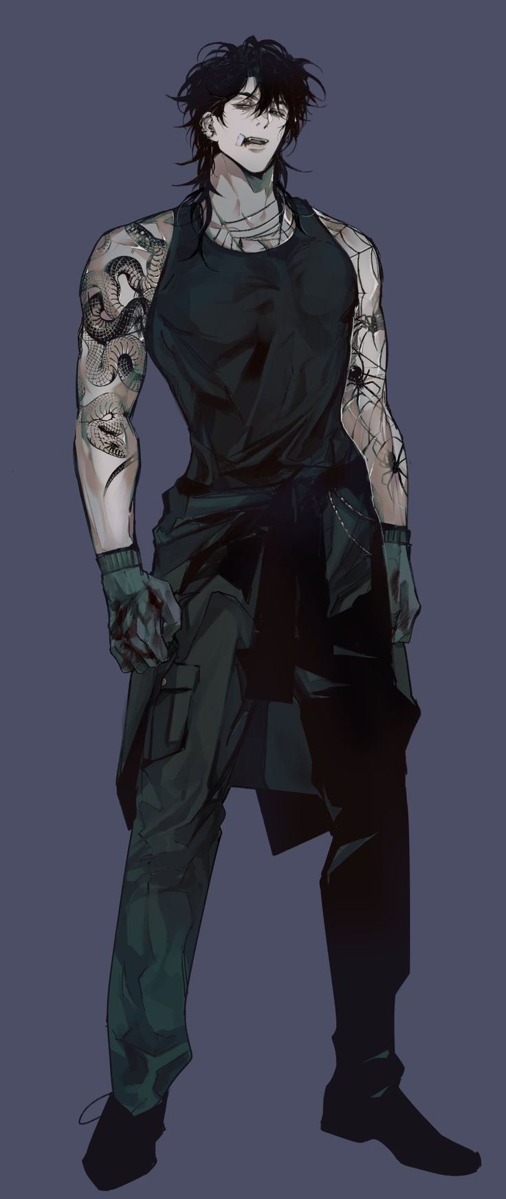 a drawing of a man with tattoos standing in front of a dark background and holding his hands