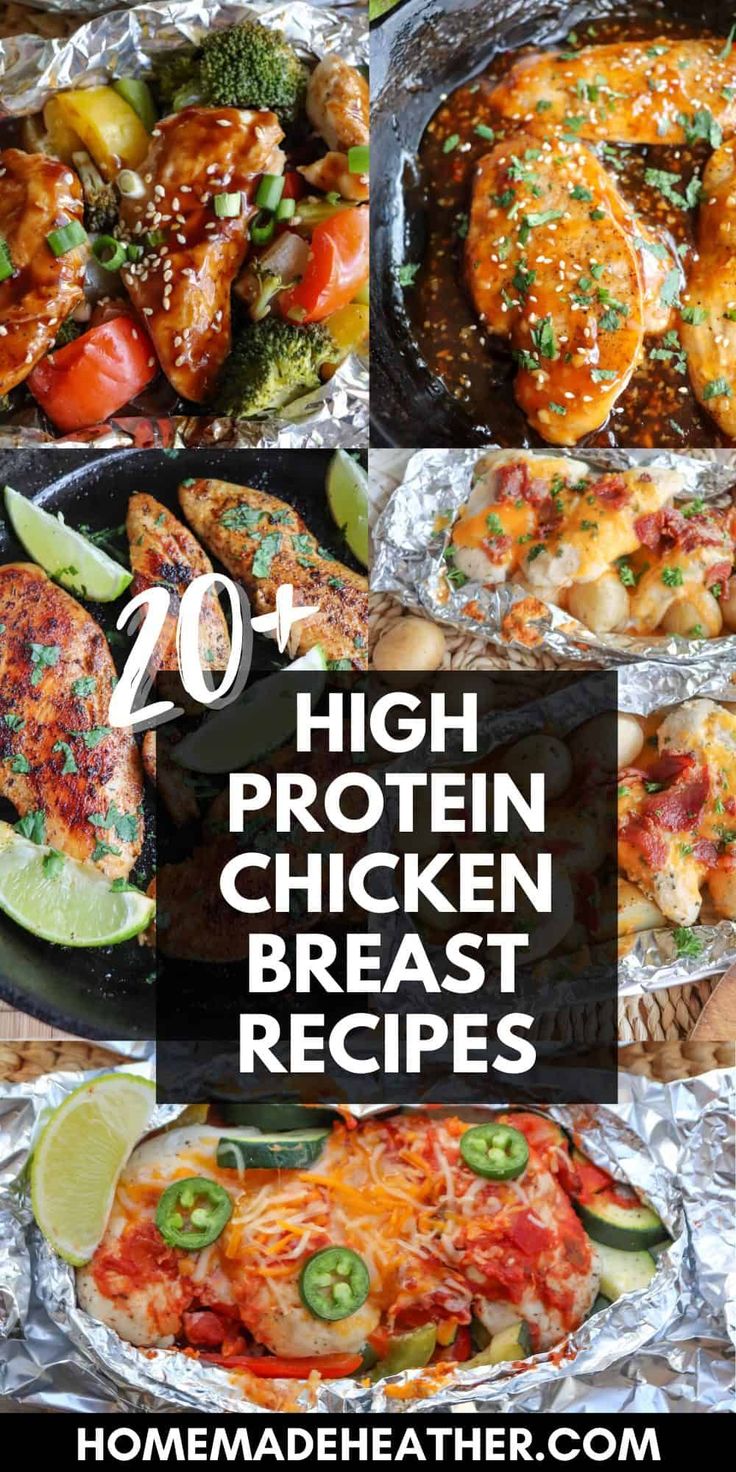 high protein chicken breast recipe collage with text overlay