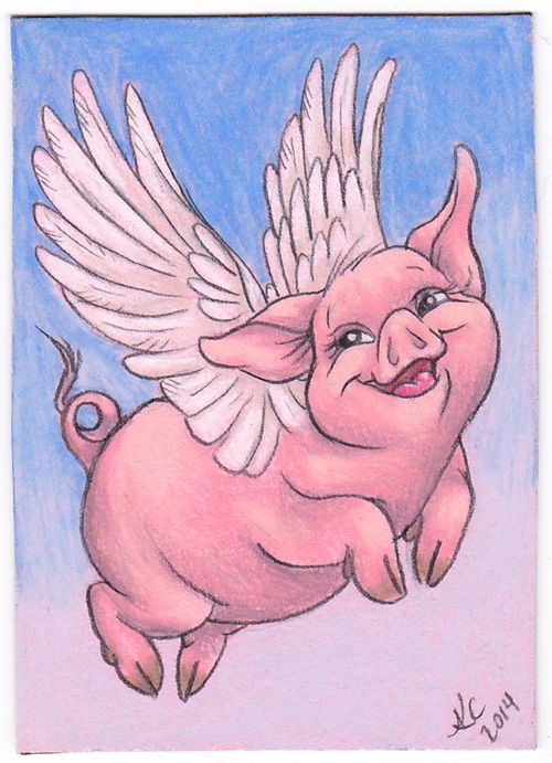 a drawing of a pig with wings flying through the air