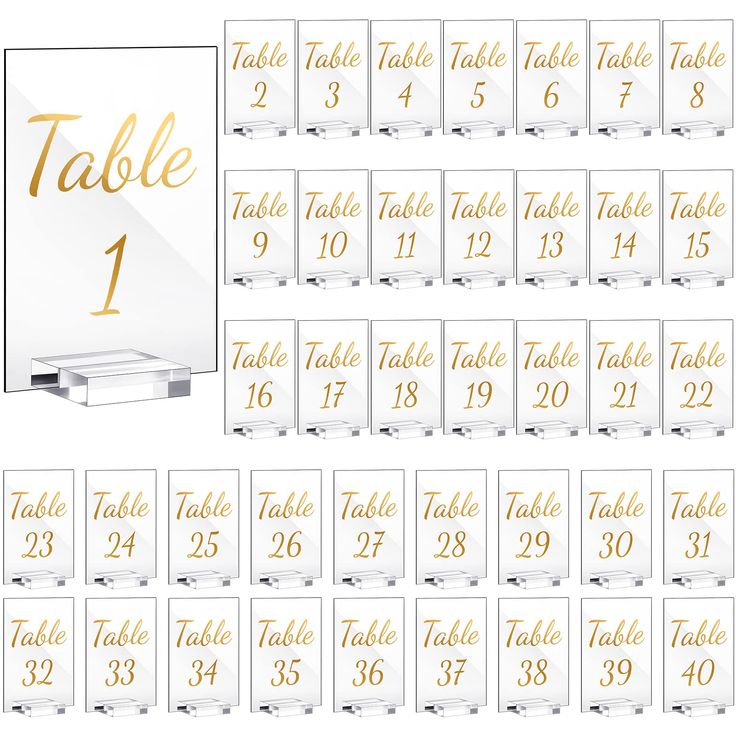 PRICES MAY VARY. You Will Receive: 40 pieces of table numbers for wedding reception and 40 pieces of table number stands, 80 pieces in total, adequate and complete to meet your table decoration needs on many occasions Number and Calligraphy Prints: the acrylic table numbers are printed with 1-40 numbers and calligraphy, and their gold is particularly beautiful against the clear acrylic, simple and elegant, modern and simplified, suitable for various weddings and table themed parties Quality Mate Table Signs For Wedding, Signs For Wedding Reception, Acrylic Table Signs, Numbers Calligraphy, Simple Wedding Reception, Calligraphy Table Numbers, Signs For Wedding, Gold Table Numbers Wedding, Wedding Table Number Holders