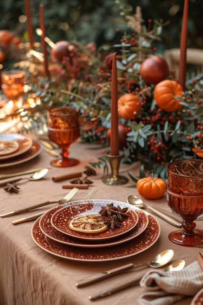 the table is set with candles, plates and utensils for an elegant thanksgiving dinner