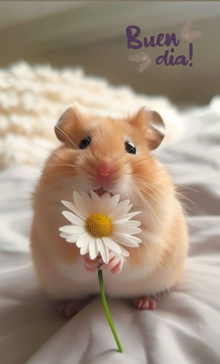 a small hamster holding a flower in its mouth and the caption says, ruen dia