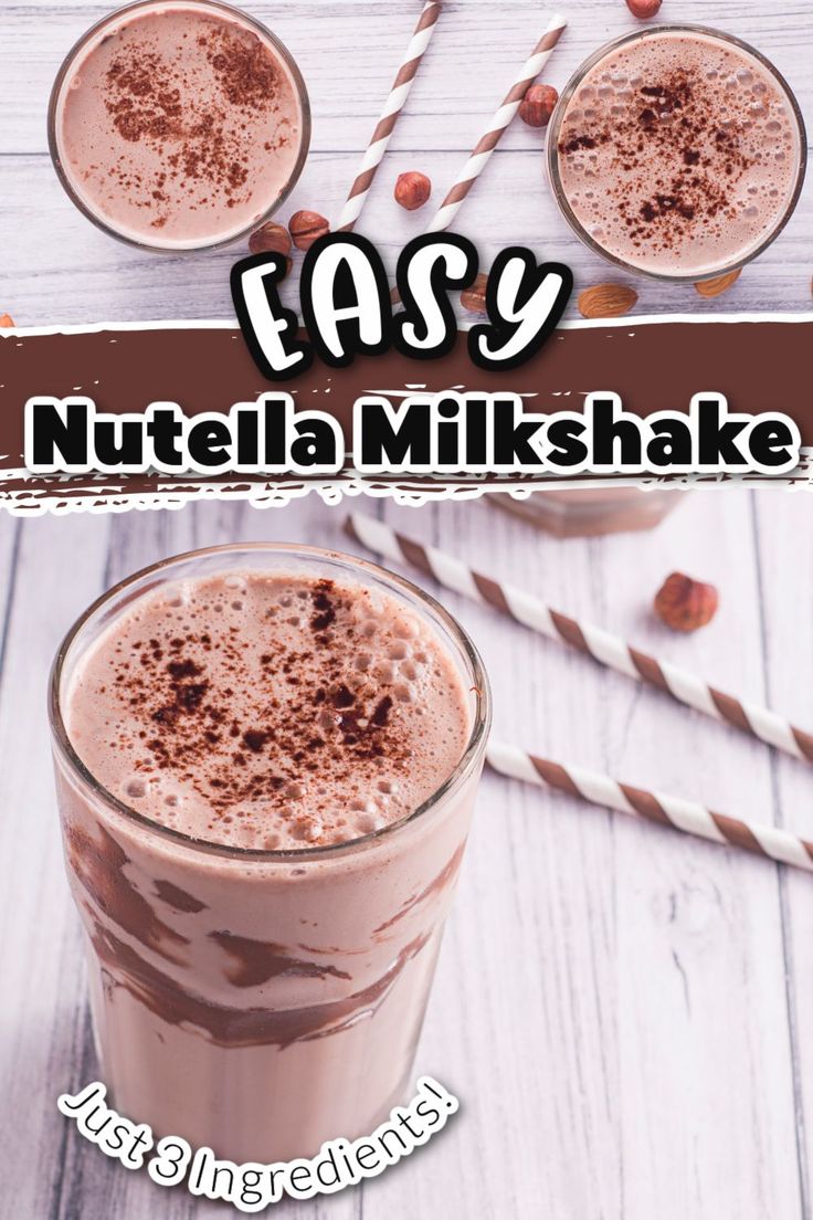 two glasses filled with nutella milkshake on top of a wooden table