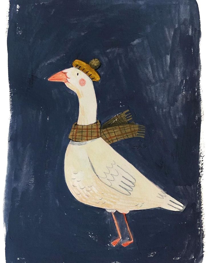 a painting of a duck wearing a hat, scarf and boots with a blue background