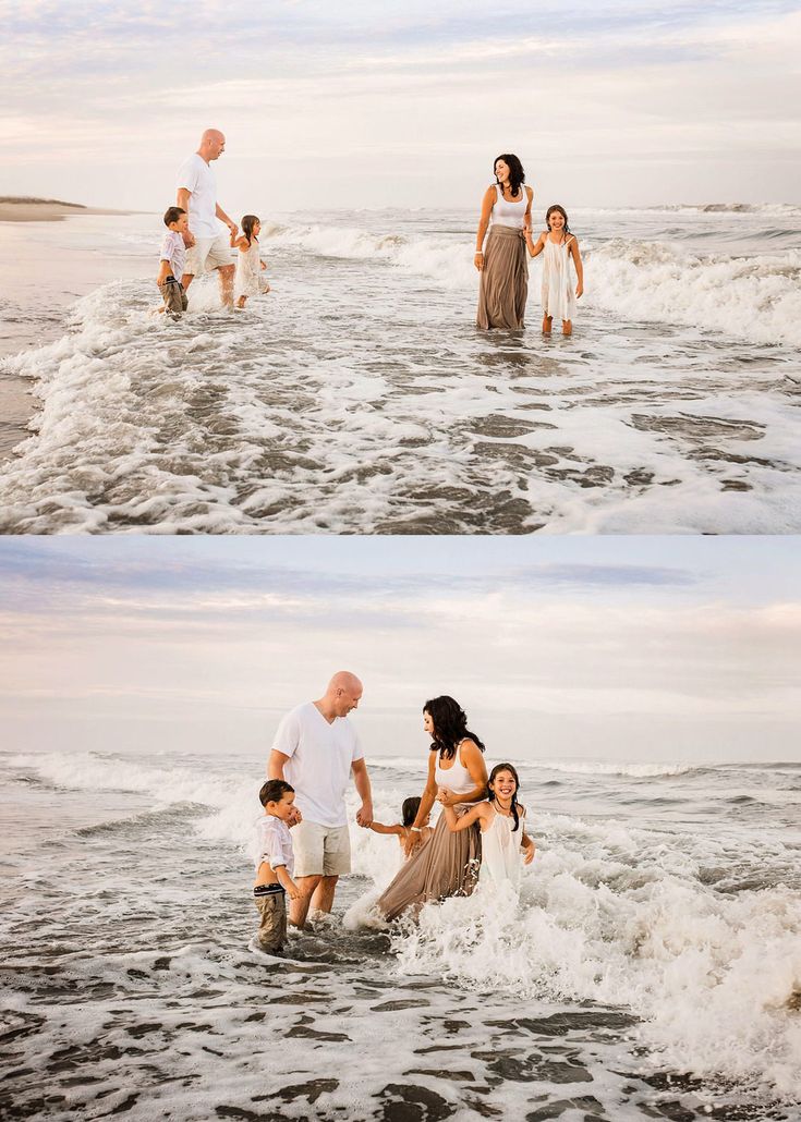 three pictures of people in the water with one woman and two men holding their children