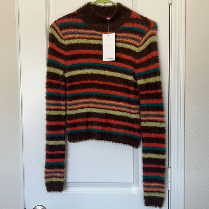 Super Cute And Fuzzy! New With Tags Red Grandpa Sweater, Colorful Striped Sweater, 80's Clothes, Vintage Striped Sweater, Weird Clothes, Funky Clothes, Silly Clothes, Chunky Cable Knit Cardigan, 90s Sweater