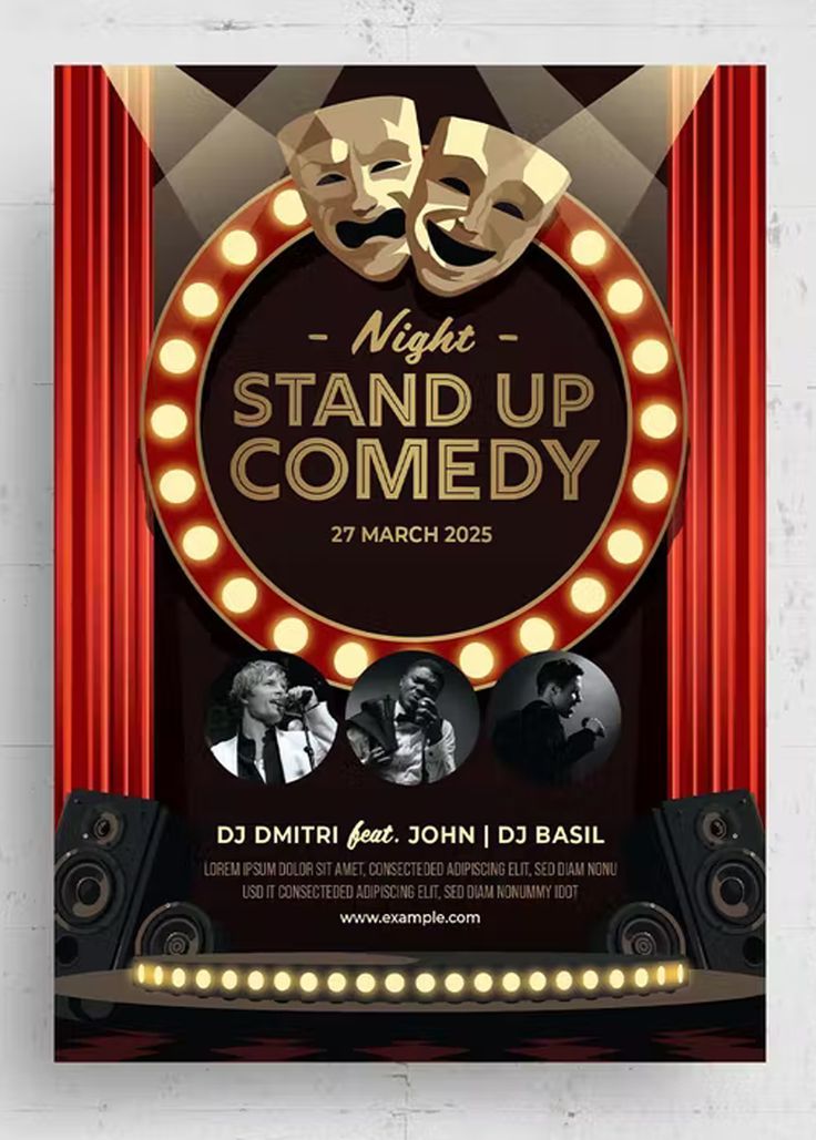 a poster for a comedy show with masks on the stage and lights in front of it