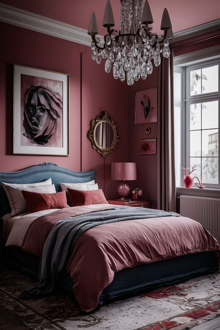 a bedroom with pink walls and a chandelier hanging from the ceiling