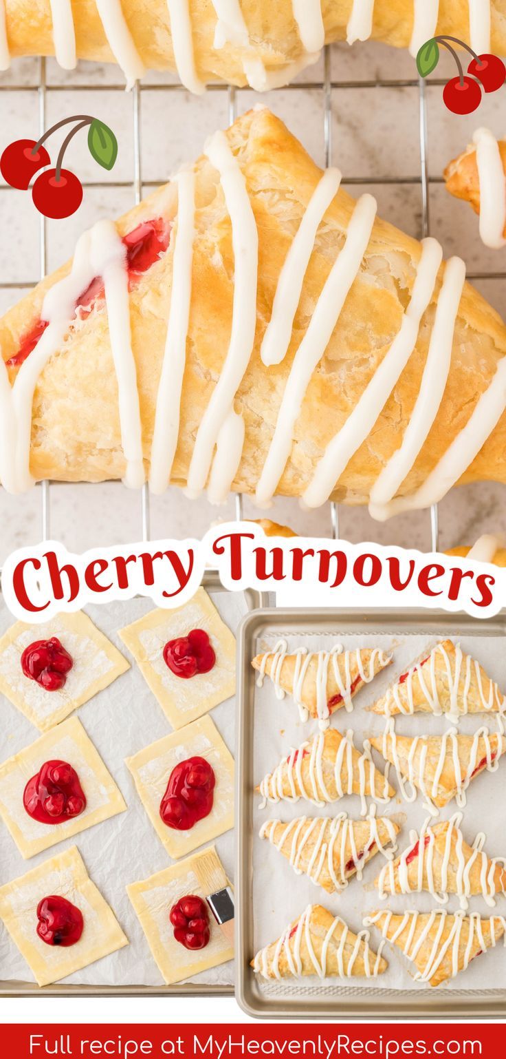 cherry turnovers with white icing and cherries on the top are ready to be baked