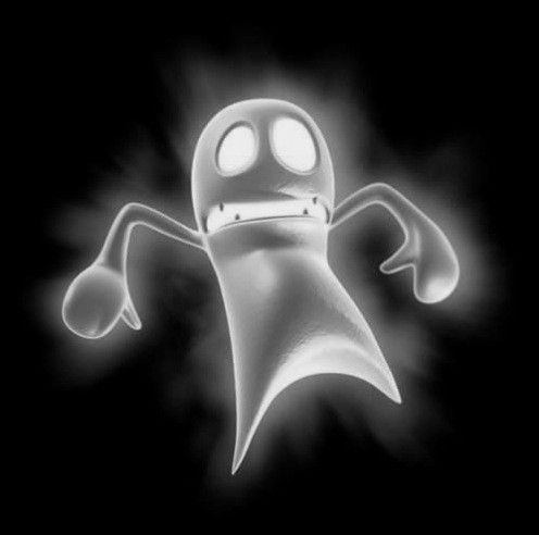 a black and white photo of a cartoon character with glowing eyes, arms and legs