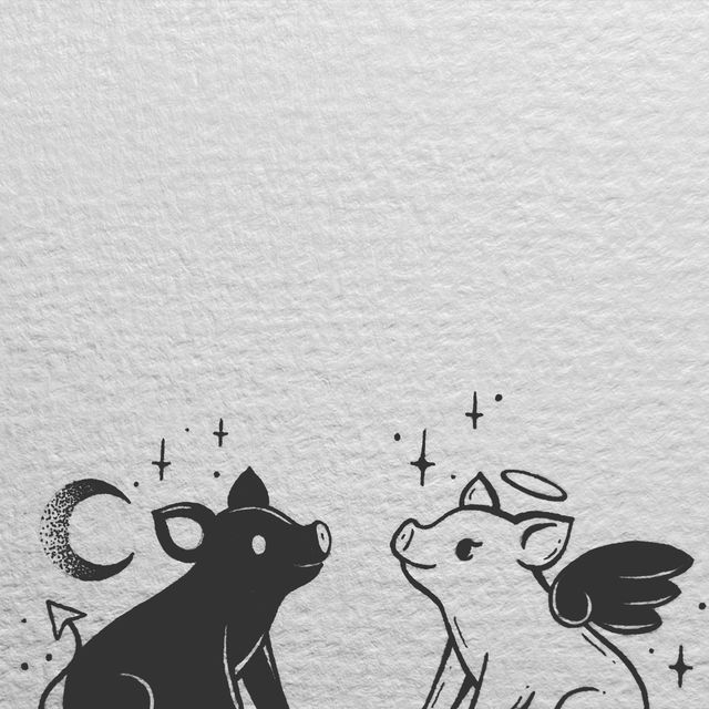 two black and white animals sitting next to each other on a paper sheet with stars in the background