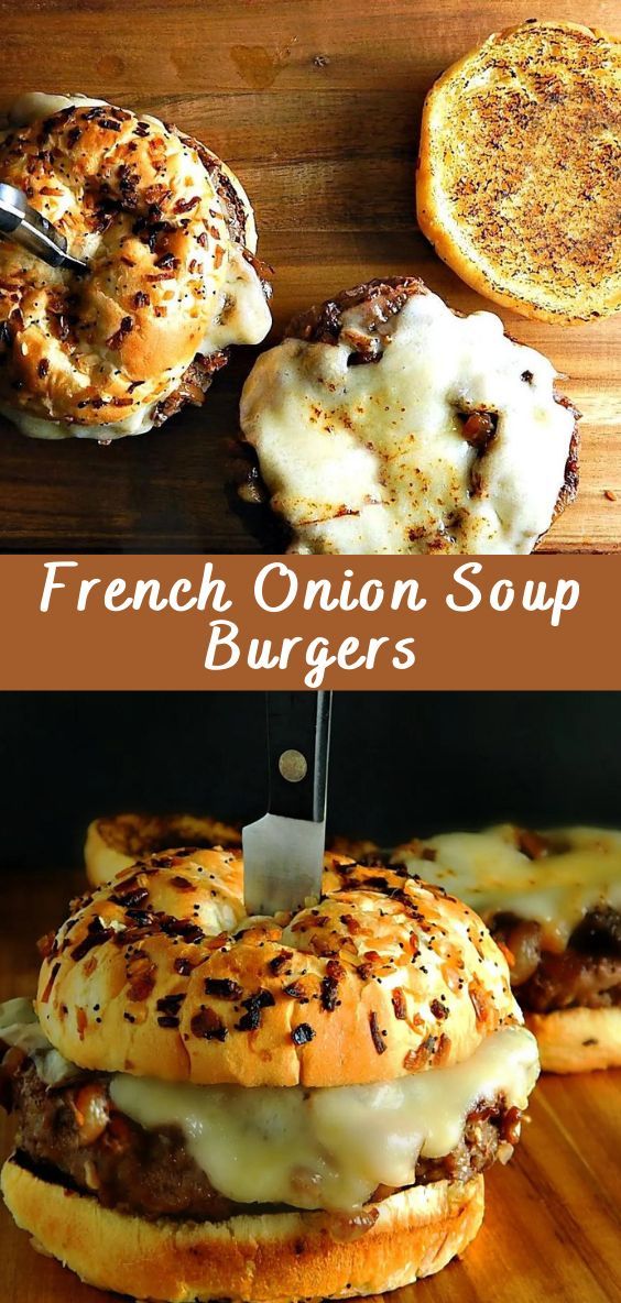 the french onion soup burgers are being cut in half and placed on top of each other