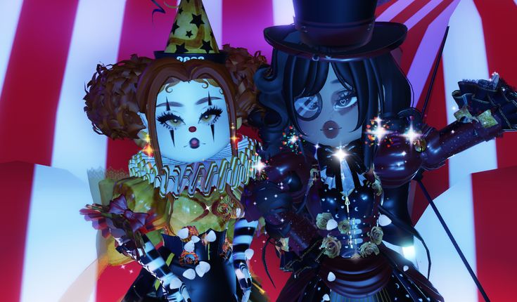 two dolls dressed in black and white are standing next to each other with sparkles on their hands