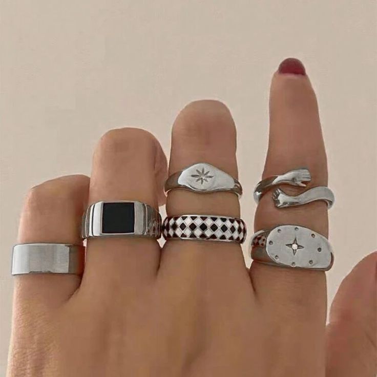 Free Returns ✓ Free Shipping✓. 6pcs Geo Decor Ring- Women Ring Sets at SHEIN. Black Gemstone Ring, Masculine Jewelry, Ladies Silver Rings, Oil Drip, Streetwear Jewelry, Chunky Silver Rings, Rings Style, Roman Style, Iron Ring