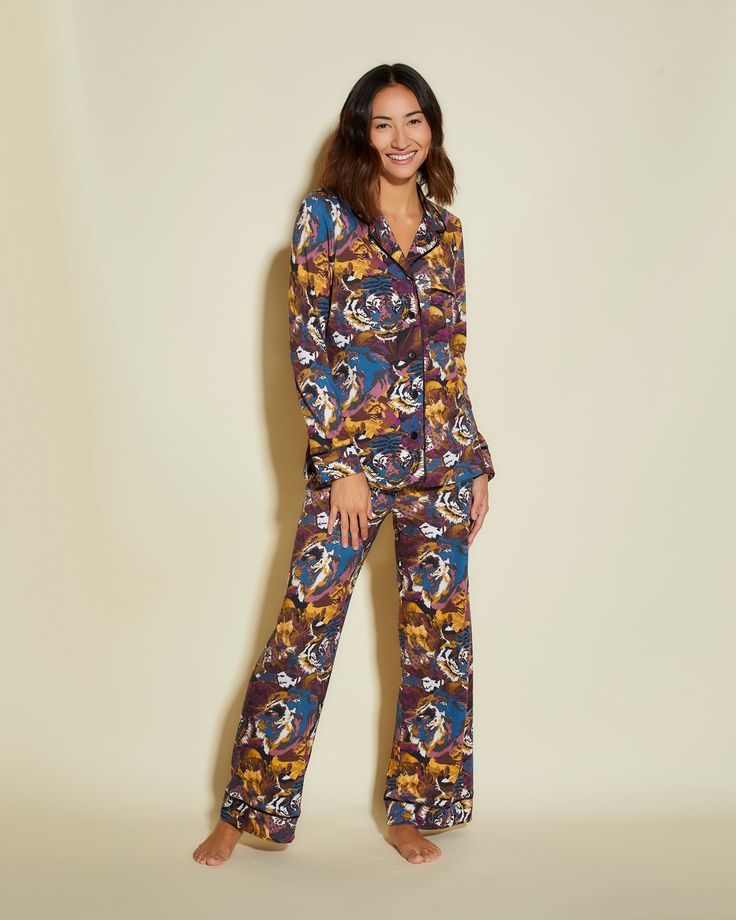 Our famous Bella PJ Printed Long sleeve top & pant for loungewear and sleepwear designed for Petites (5'3 and under). Printed, super soft Peruvian Pima cotton and modal with contrast or tonal flat, satin piping. Relaxed fit with shorter sleeves and shorter pants that fit petite frames. Drawstring waist pants with long sleeve button down top. Chest patch pocket on shirt. Cold water wash and hang to dry. Do not dry in dryer. Printed Sets With Relaxed Fit For Lounging, Fall Relaxed Fit Sleepwear For Loungewear, Relaxed Fit Sleepwear For Fall Loungewear, Relaxed Fit Sleepwear For Fall, Long Sleeve Lounging Sets For Fall, Long Sleeve Matching Set Sleepwear For Lounging, Long Sleeve Sleepwear Matching Set For Lounging, Matching Set For Loungewear - Fall Season, Matching Set Loungewear For Fall