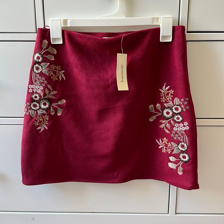 Red Embroidered Floral Skirt From Francesca’s. Nwt. Size Medium. Super Soft Suede Like Material. Would Be Cute At A Holiday Party. Red Skirt, Suede Skirt, Red Skirts, A Holiday, Soft Suede, Holiday Party, Holiday Parties, Floral Skirt, Womens Skirt