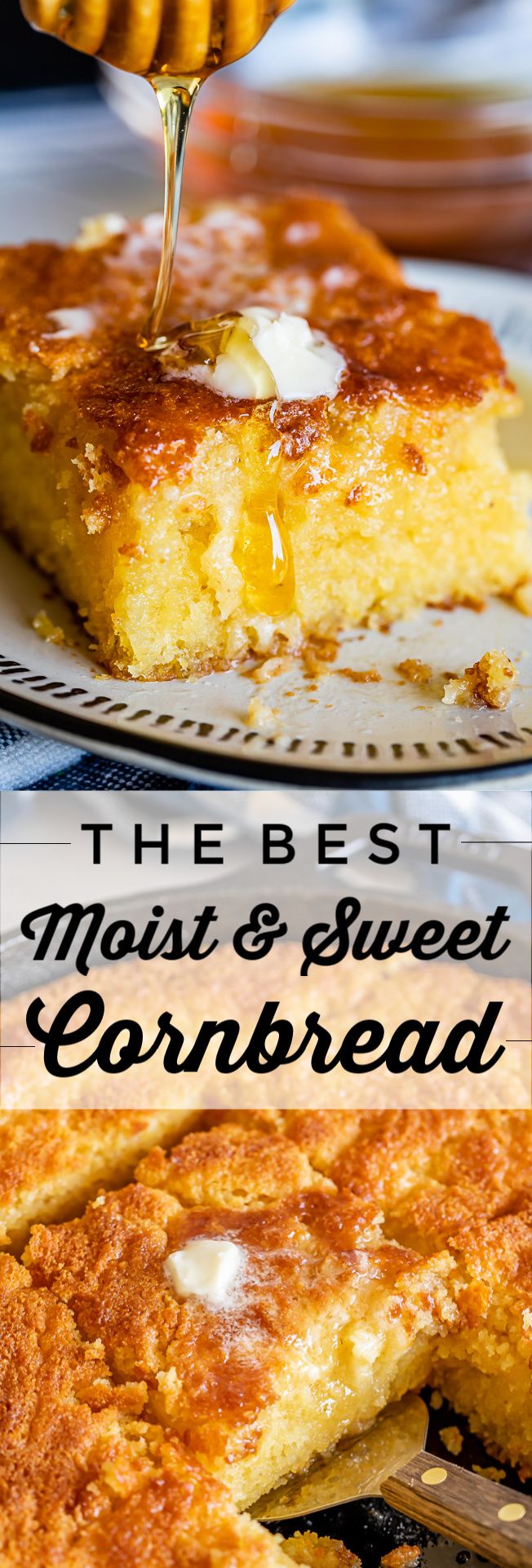 the best must and sweet cornbread recipe is on this plate with honey being drizzled over it