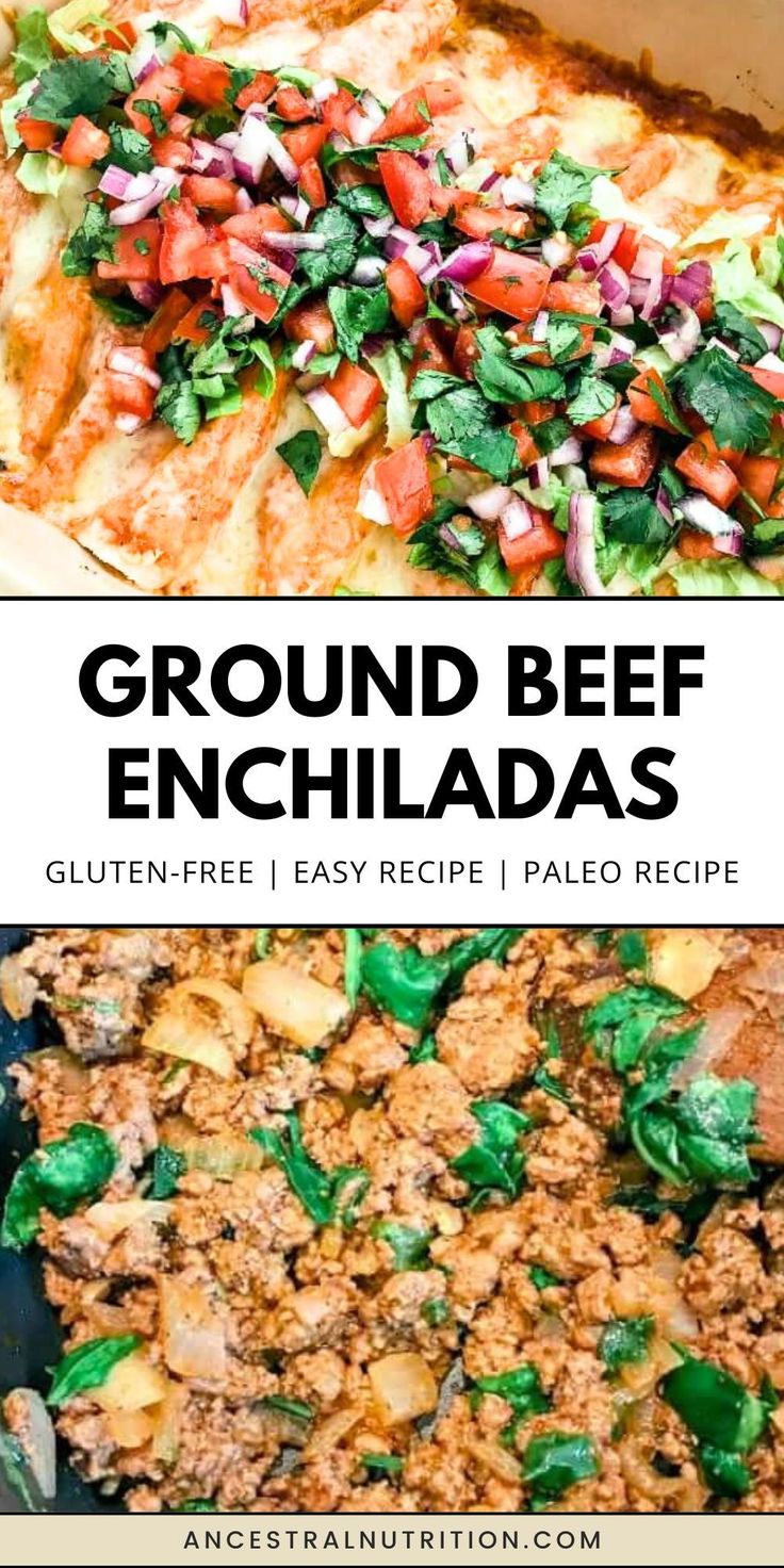 ground beef enchiladas in a casserole dish with text overlay