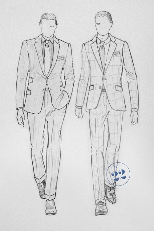 a drawing of two men in suits walking down the runway with their hands in their pockets