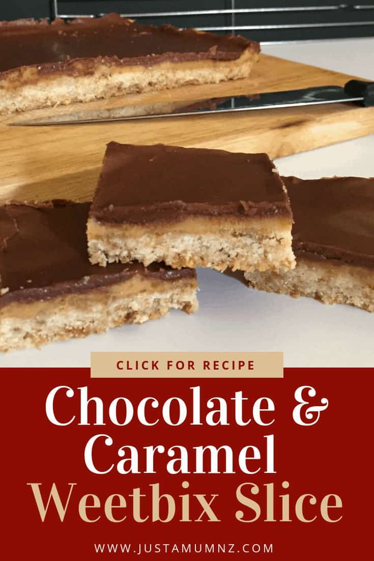 chocolate and caramel weetbix slice on a cutting board with the words, click for recipe