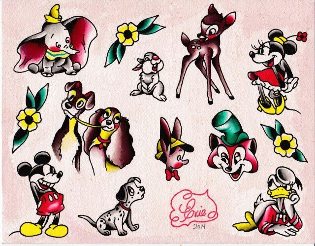 an image of cartoon characters with flowers on their heads and tails in various poses, including dogs