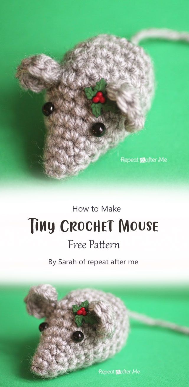 a crocheted mouse with red berries on it's head and the words how to make tiny crochet mouse