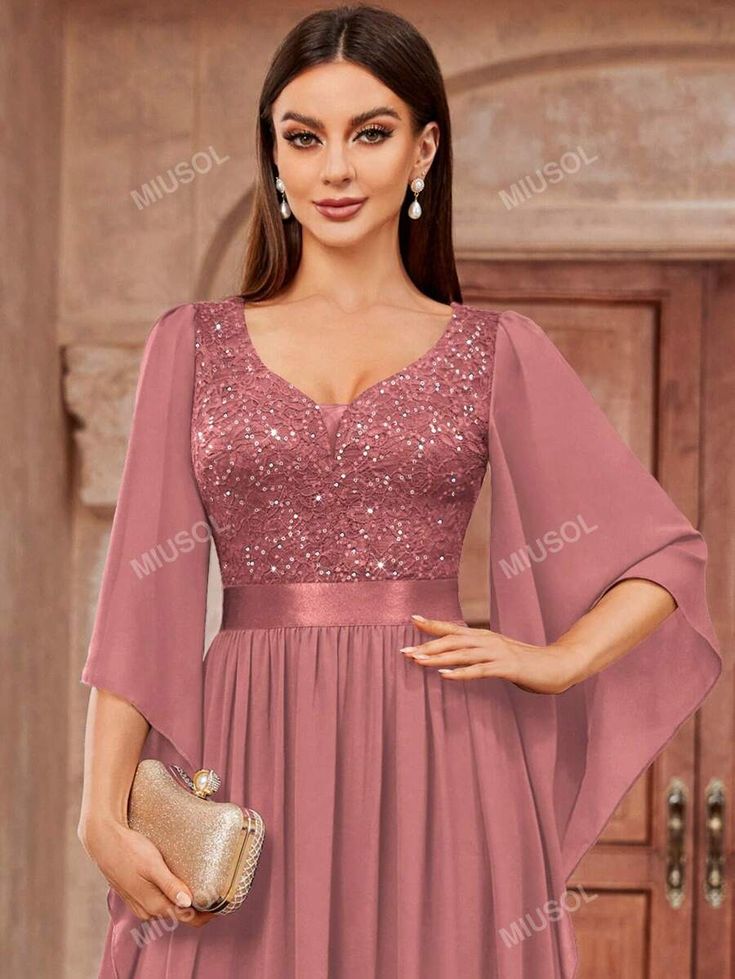 Type:A Line \nDetails:Contrast Sequin \nHem Shaped:Flared \nWaist Line:High Waist \nDetails:Split \nSleeve Type:Split Sleeve \nNeckline:Sweetheart \nDetails:Zipper \nStyle:Party \nColor:Dusty Pink \nPattern Type:Colorblock \nPattern Type:All Over Print \nSleeve Length:Long Sleeve \nFit Type:Regular Fit \nLength:Maxi \nMaterial:Lace \nComposition:91% Polyamide \nComposition:9% Elastane \nLining:100% Polyester \nCare Instructions:Hand wash,do not dry clean \nSheer:No \nFabric:Slight Stretch \n Party Maxi Dress, Mother Of The Bride Dresses Long, Dinner Dress Classy, Lace Chiffon, Classy Dress Outfits, فستان سهرة, Dress Shirts For Women, Maxi Dress Party, Formal Party