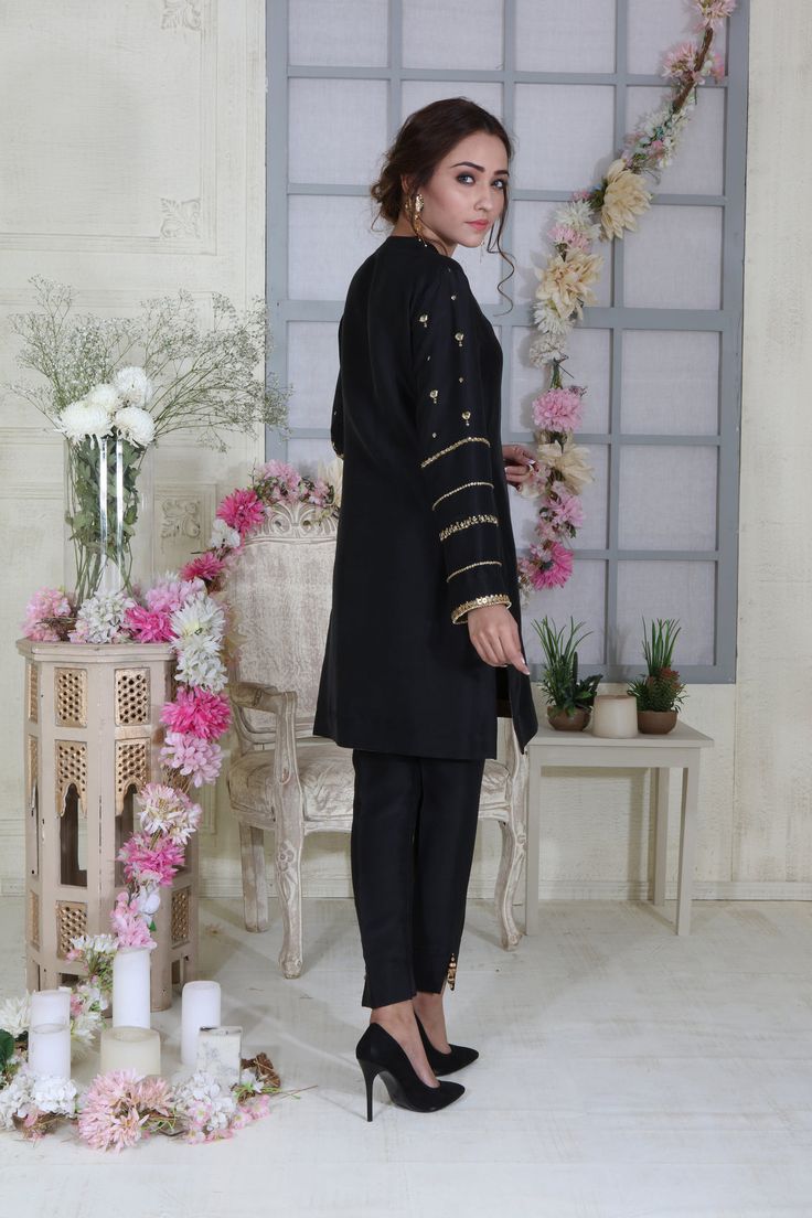 Diva Black | Pakistani Designer Outfit | Sarosh Salman Party Wear Raw Silk Kurta For Eid, Traditional Party Wear Kurta With Mirror Work, Raw Silk Party Wear Kurta For Eid, Eid Party Wear Kurta In Raw Silk, Party Wear Raw Silk Kurta With Mirror Work, Party Wear Unstitched Kurta With Dabka, Party Wear Unstitched Kurta With Dabka Detail, Unstitched Straight Kurta For Party Wear, Party Wear Embroidered Straight Kurta