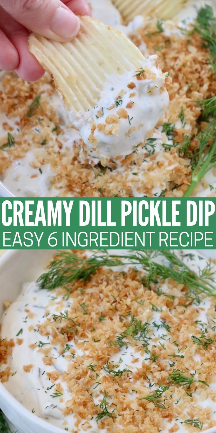 pickle dip in bowl topped with toasted breadcrumbs and fresh dill with chip dipped in the dip Creamy Dill Pickle Dip, Baked Ranch Pickle Dip, Healthy Dill Pickle Soup, Dill Pickle Fat Balls, Hot Dill Pickle Dip, Easy Cold Chip Dip, Dill Pickle Mustard Recipe, Dill Pickle Dip With Dried Beef, Healthy Pickle Snacks