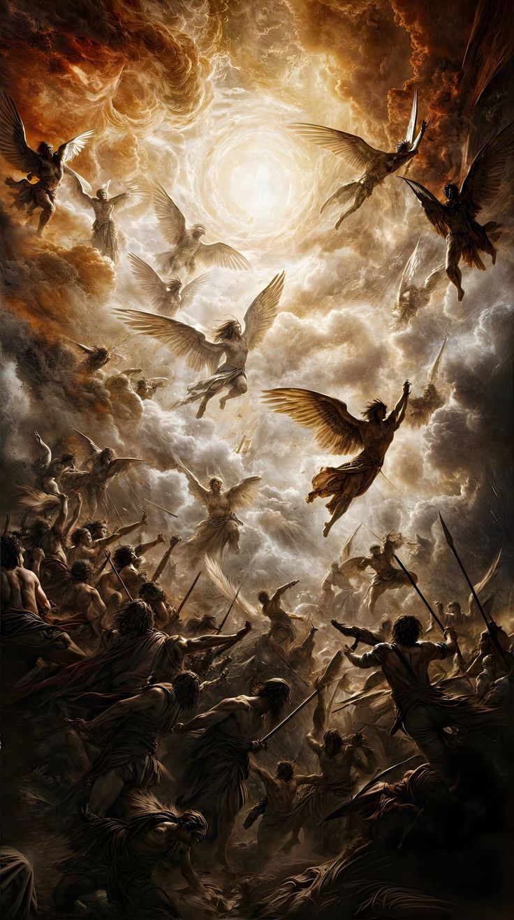 an artistic painting with angels and demons in the sky