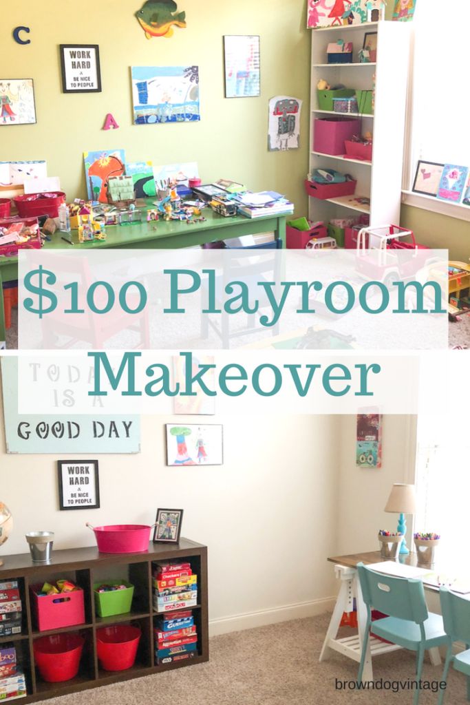 a playroom with toys and other items in it, including bookshelves on the wall