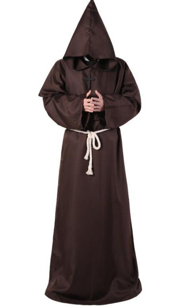 a man dressed in a monk costume with a cross on his chest and hands wrapped around him