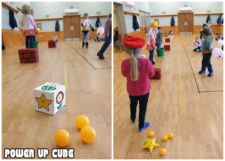 two pictures of children playing with toys in a gym, one is wearing a red hat and the other has yellow balls