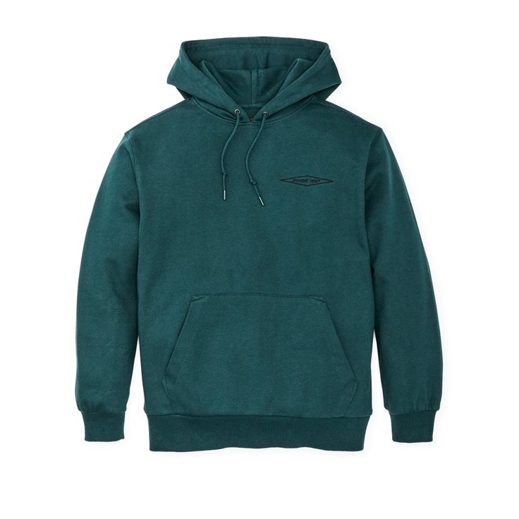 Our Prospector Embroidered Hoodie is a warm and durable classic, featuring, direct-embroidered Filson logo graphics on front and back. With a lofted interior and smooth, pilling-resistant exterior face, the sturdy 13-oz. fleece holds its structure over years of wear. Rib-knit hem and cuffs. Drawcord-adjustable hood. Kangaroo center pocket. | Filson Prospector Embroidered Hoodie PndsaPnDmd Size Small Fleece Hoodie With Embroidered Logo, Cotton Hoodie With Embroidered Logo, Winter Crew Hoodie With Embroidered Logo, Winter Hoodie With Embroidered Logo, Casual Embroidered Logo Hoodie, Casual Hoodie With Embroidered Logo, Filson Mens, Cotton Polyester Fabric, Embroidered Hoodie