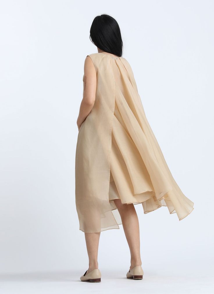 KAAREM - Lat Sleeveless Pleated Organza Dress - Cream Silk Pleated Dress For Cocktail, Silk Pleated Dress With Folds For Cocktail, Casual Sheer Silk Midi Dress, Pre-draped Pleated Silk Dress, Sleeveless Silk Chiffon Dress, Silk Midi Dress With Folds For Cocktail, Chic Silk Pleated Dress, Silk Pre-draped Dress With Pleated Back, Beige Sheer Silk Dress