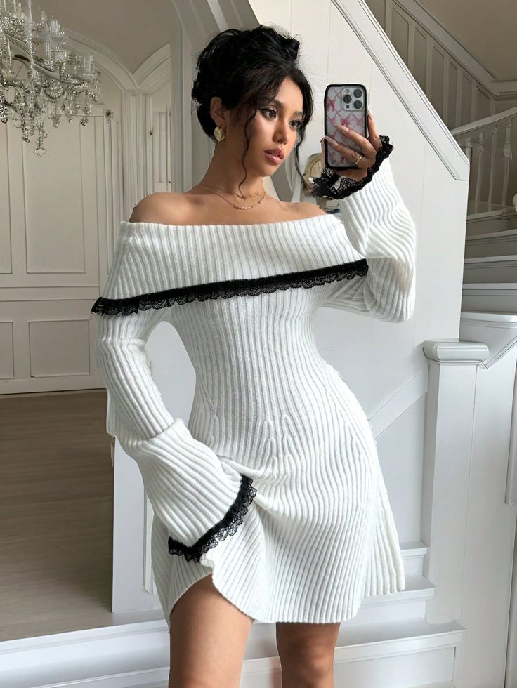 Women's Spring And Autumn Elegant Off Shoulder Contrast Color Lace Flared Sleeve Sweater Dress Apricot Casual  Long Sleeve Fabric Colorblock,Plain,Striped  Non-Stretch  Women Clothing, size features are:Bust: ,Length: ,Sleeve Length: Fall Dresses Black Women, Off The Shoulder Sweater Dress, Short Sweater Dress, Flare Sleeve Sweater, Plus Size Art, Short Sweater, Fall Maternity, Off The Shoulder Sweater, School Dresses