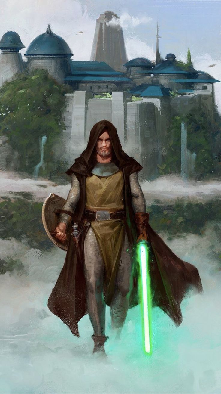 a star wars character holding a green light saber