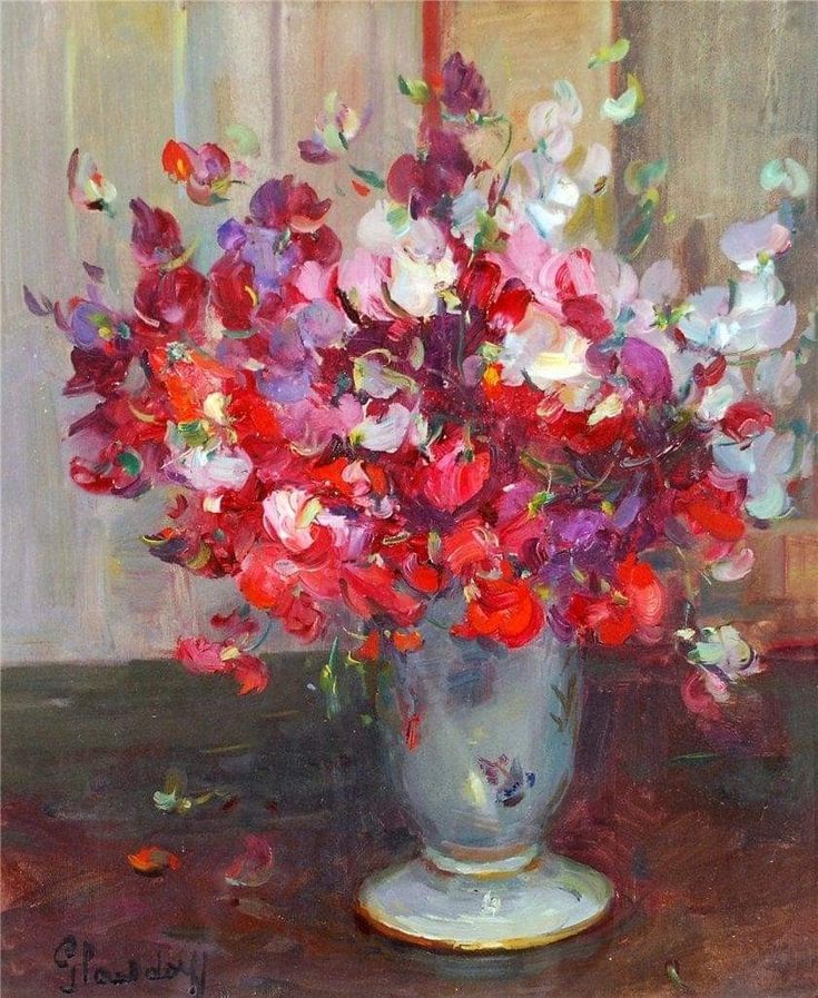 a painting of red and white flowers in a silver vase on a brown table top