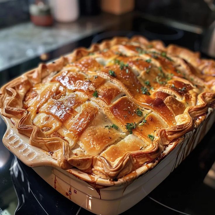 a pie sitting on top of a stove covered in cheese