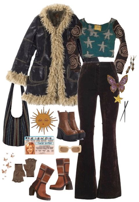 Phoebe Buffay Fall Outfits, Phoebe Buffay Aesthetic Outfit, Phoebe Buffay Winter Outfits, Phebeo Buffay Style, Hippy Winter Fits, Phoebe Buffet Inspired Outfits, Phone Buffay Outfits, Outfits Hippie Aesthetic, Phoebe Friends Outfits