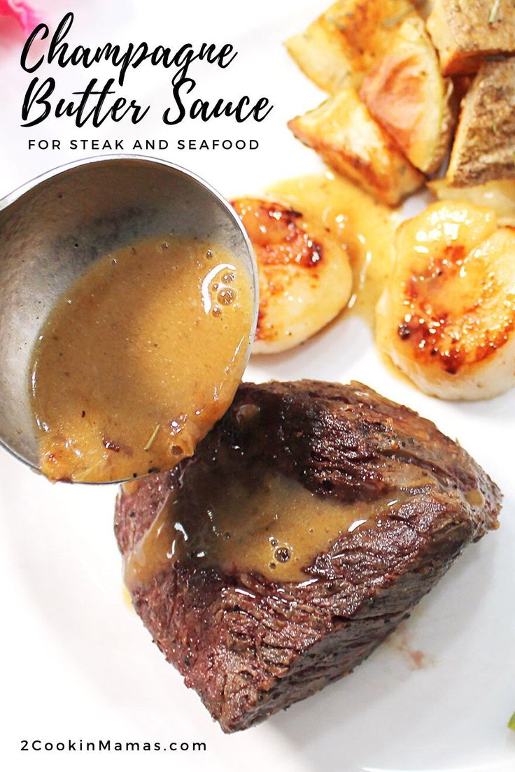 the steak is being drizzled with caramel sauce and served with potatoes