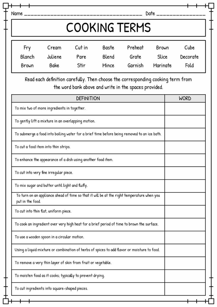 cooking items worksheet for students to help them learn how to make their own food