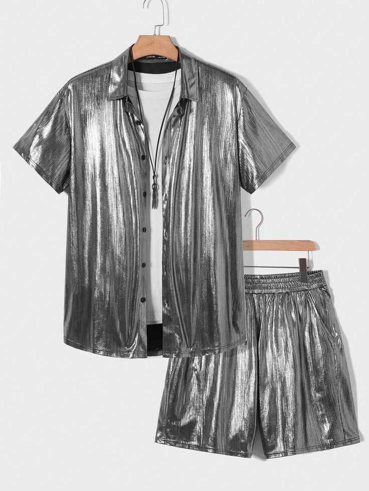 Metallic Shirt, Party Outfit Men, Mens Shorts Outfits, Metallic Shorts, Silver Shorts, Party Fits, Metal Clothing, Holiday Party Outfit, Slow Burn