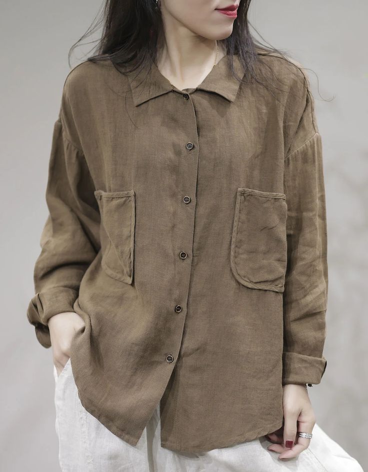 Spring Linen Loose Leisure Long-sleeves Shirt — Obiono Linen Outfits, Khaki Tops, Drop Sleeve, Spring Color, Spring Shirts, Winter Clothes, Linen Clothes, Comfortable Outfits, Linen Shirt