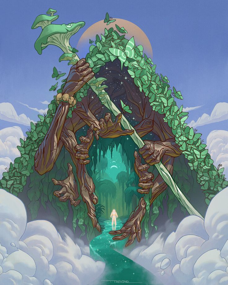 a digital painting of a tree house surrounded by clouds