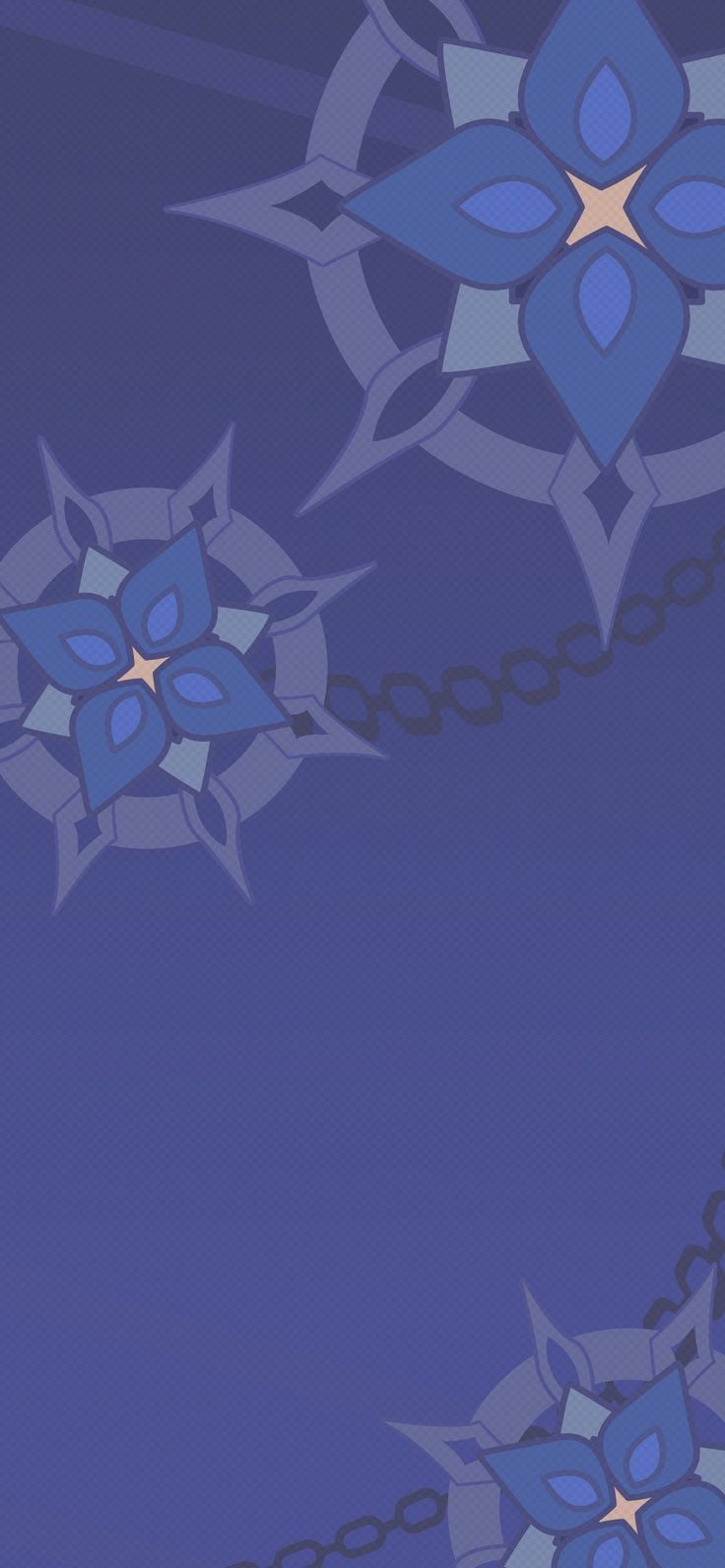 an abstract blue background with flowers and chains on the bottom right corner, in shades of purple