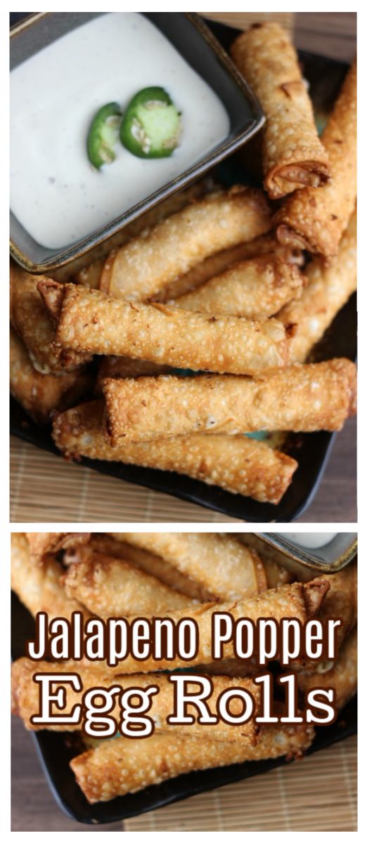 jalapeno popper egg rolls with dipping sauce on top and in the middle