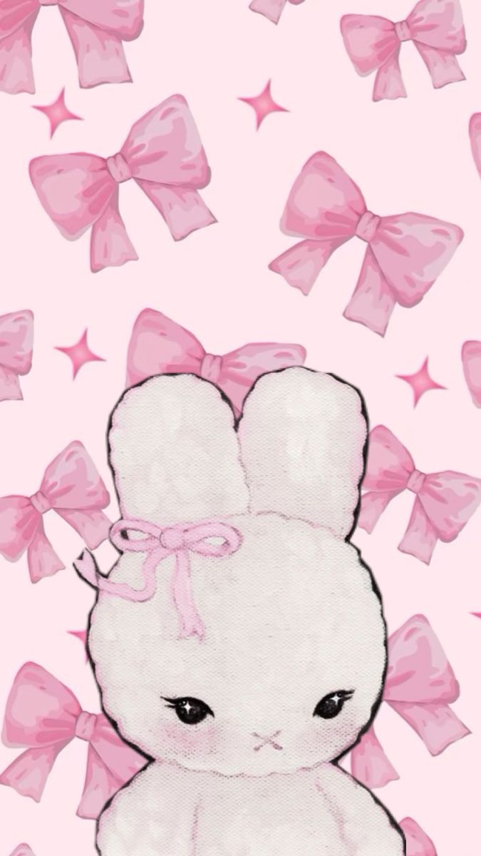 a drawing of a white bunny with pink bows