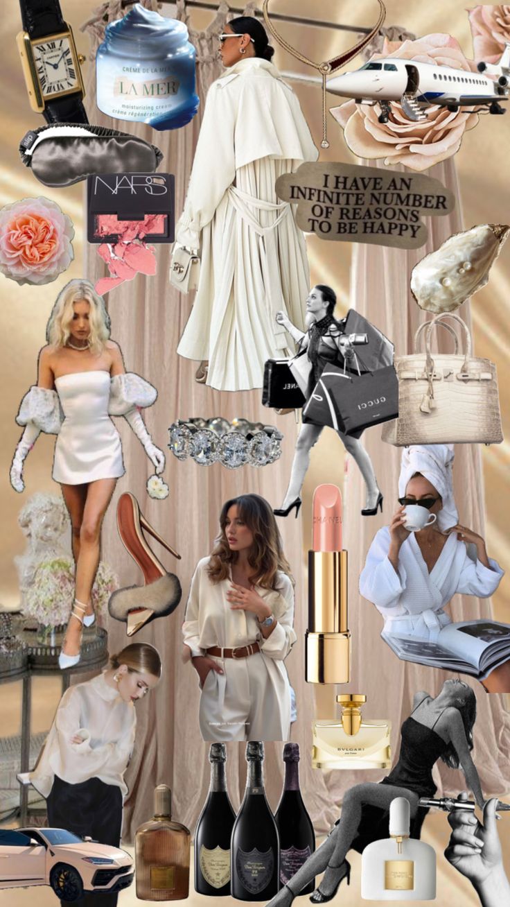 the collage shows many different types of clothing and accessories, including shoes, hats, purses